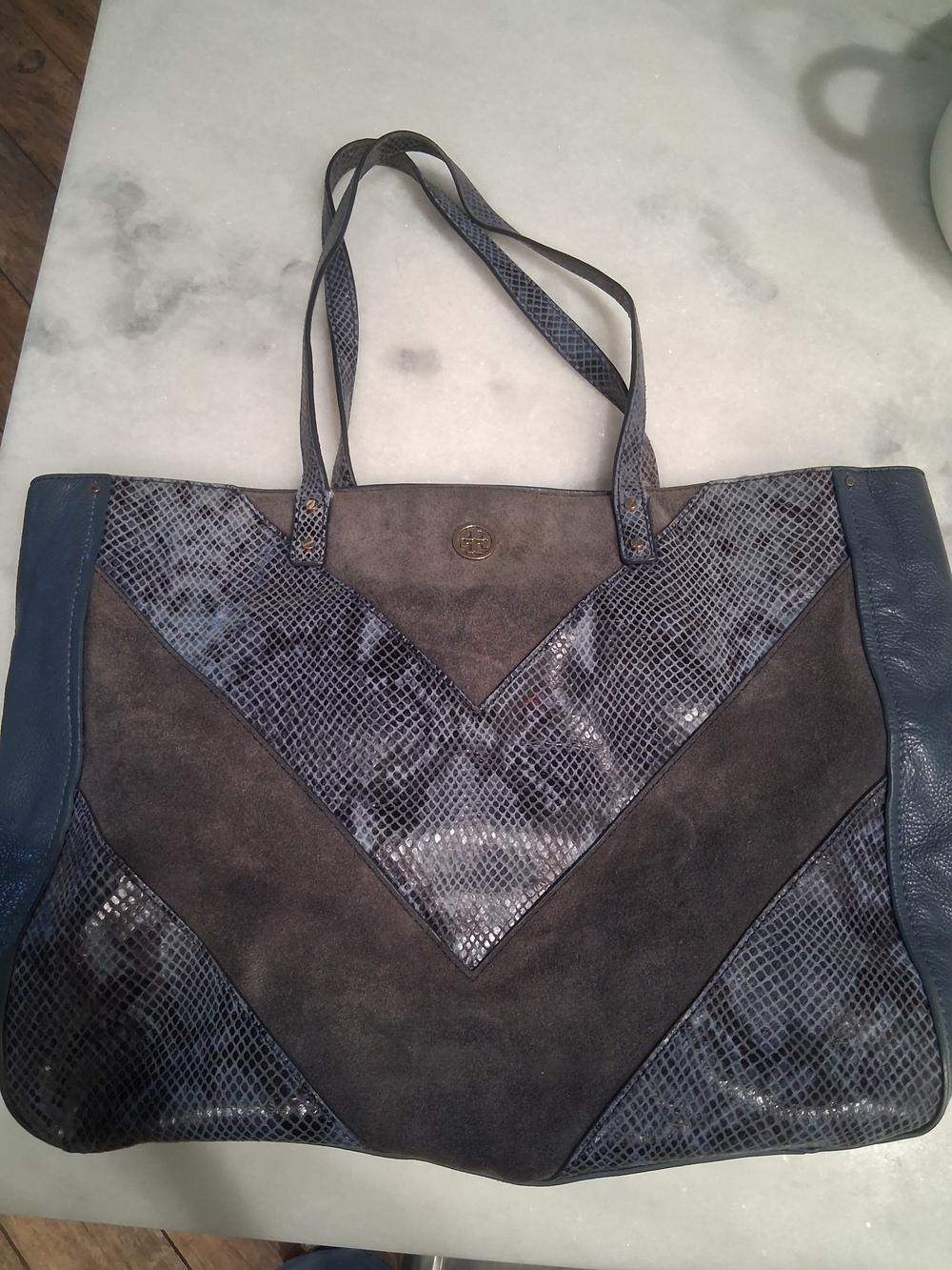Tory Burch Blue Suede & Snake-Embossed Tote